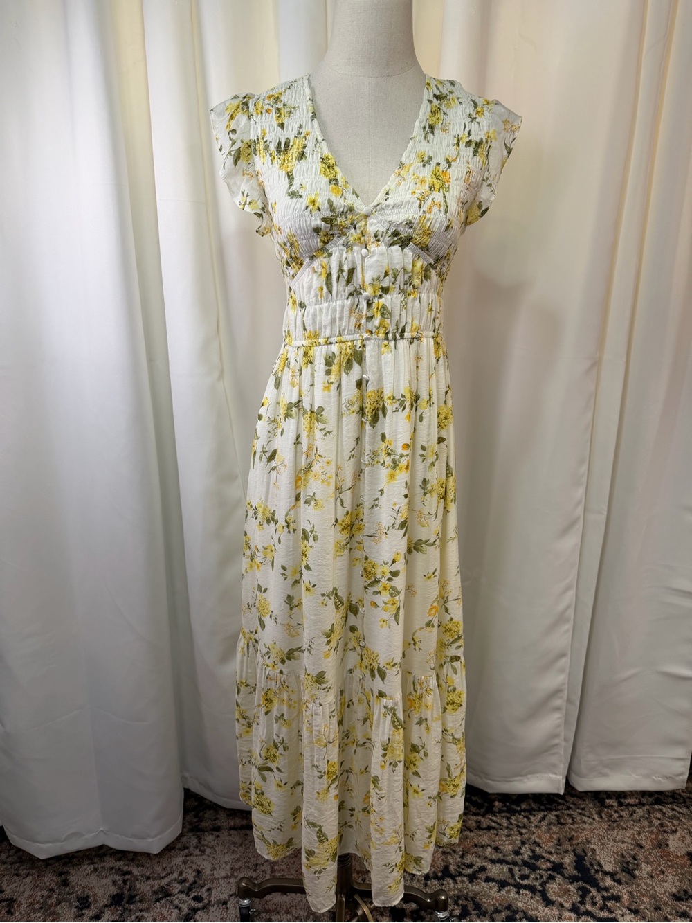 Joie Smocked Yellow Floral V-Neck Midi Dress with Ruffle Cap Sleeves Size Small - Picture 2 of 15